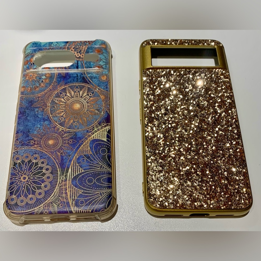 Gold Glitter and Blue Patterned Phone Cases